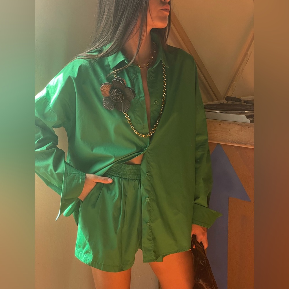Mimosa Matching Set: Green Shorts + Button-Up Long Sleeve / BRAND NEW